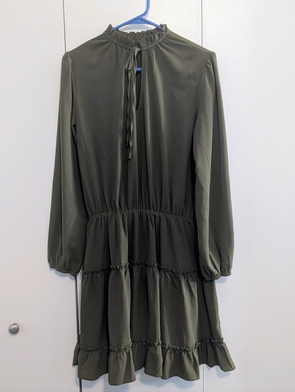 Olive Green Long Sleeve Tiered Mini Dress with Ruffle Neck Flowy Lines
